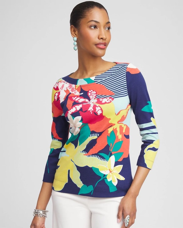 Floral 3/4 Sleeve Bateau Neck Tee - image 1